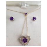 10kt gold diamond and amethyst necklace and earrin