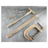 Lot with a large wood rasp, a vintage C clamp, a S