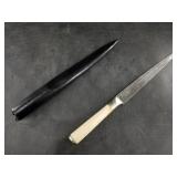 Damascus bladed Indian knife with bone handle and