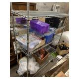 Shelf lot with storage rack, misc items  U 74