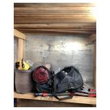 Misc. lot with a luggage dolly, shop rags, small r