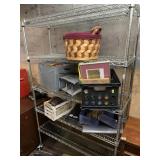 Shelf lot with storage rack, misc items  U 74