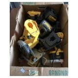Box lot of DeWalt power tools: batteries, chargers