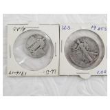 Two US coins: 1945 Walking Liberty silver half, an
