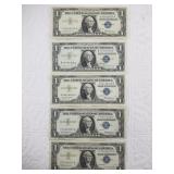 Five assorted silver certificates all $1 notes