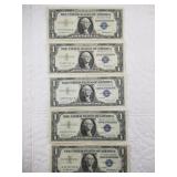 Five assorted silver certificates all $1 notes