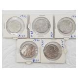 Five Belgian silver 20 and 50 franc coins post WWI