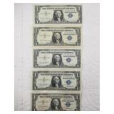 Five assorted silver certificates all $1 notes