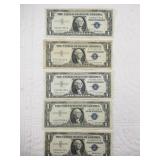 Five assorted silver certificates all $1 notes