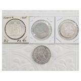 Four silver coins: 1965 Paris Mint silver 10 franc