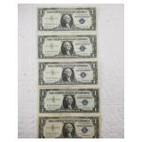 Five assorted silver certificates all $1 notes