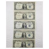 Five assorted silver certificates all $1 notes