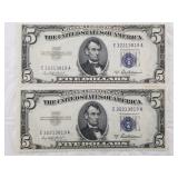 Two 1953 silver certificates, sequential serial nu