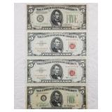 Lot of 4: $5 notes: 1934 Fed Reserve, 1950 Priest