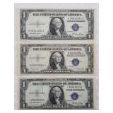 Three silver certificates: 1935 E star note, etc.