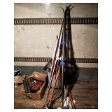Large lot with skis, poles, old electronics, shop