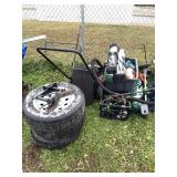 Large mixed lot with lawnmower, tires, chairs, oth