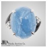 14kt White gold ladies ring, with diamond and aqua