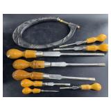 Assorted Sheffield lathe turning tools and a bowl