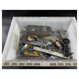 Large box lot of assorted framing squares, caliper