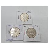 Three Walking Liberty silver half dollars: 1941, 1