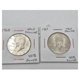 Two 40% Kennedy silver half dollars, 1967, 1968