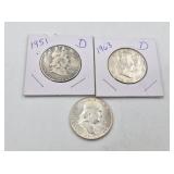 Three silver Franklin half dollars: 1951 D, 1952,