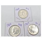 Three 1964 Kennedy silver half dollars