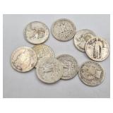 9 Silver US Quarters, Barbers xt 1896 O, 1897, a s