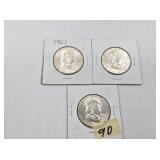 3 Franklin silver half dollars 1961 x3