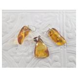 3 Pieces of amber jewelry with silver findings: ea