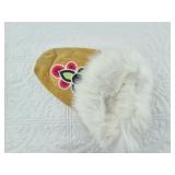 Single buckskin, rabbit fur and beaded slipper, co