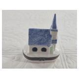 Limoge style trinket dish depicting a church