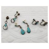 Three pairs of silver and turquoise pawn style ear