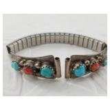 Vintage old pawn style silver watch band with turq