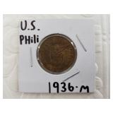 1936 M US Territory of the Philippines bronze 1 ce