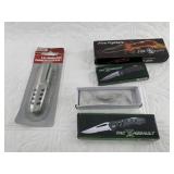 Several small pocket knives and a ceramic sharpeni