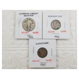 Lot of 3:  1907 Barber dime, 1943 D Mercury dime,