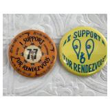 2 Fur Rondy booster buttons: 1976, 1977