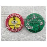 2 Fur Rondy booster buttons: 1978, 1979