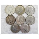 Eight 40% silver Kennedy half dollars 1965-1970