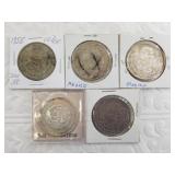 5 Mexican coins: 4  10% silver Pesos and a 1983 OM