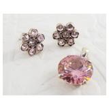 Sterling silver  pendant and earring set with pink