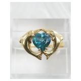 14kt Gold and topaz ring with 2 dolphins, size 10,