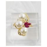 14kt Gold, ruby, diamond and pearl ring, size 9 1/