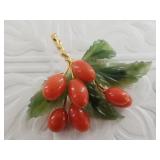 18kt gold jade and coral brooch