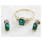 10kt Gold, emerald and diamond ring and earring se