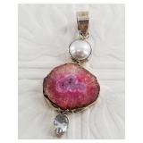 Sterling silver, pearl and agate pendant, with a t