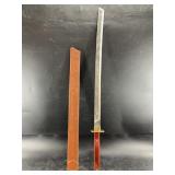 Sword with leather sheath and brass guard, some ru