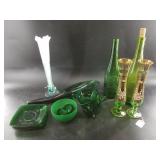 Vintage emerald green dishware including a cornuco
